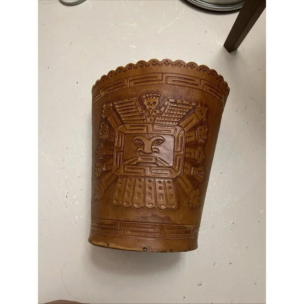 Embossed Leather Basket Hand Tooled Aztec Tribal Plywood Bottom Decor Western